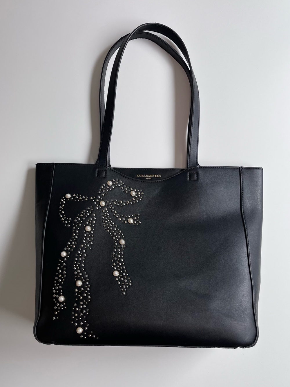 Karl Lagerfeld Black Leather Canelle Bow Tote with Pearls & Studs